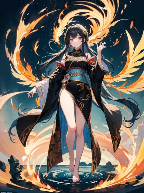 beautiful chinese girl standing on water, Fog reflection, A huge phoenix in the sky, magic, fantasy, dynamic posture, Consists of colorful glowing flames, delicate face, delicate eyes, long black and gold hair, Wearing amber and sky blue han robes, delicat...