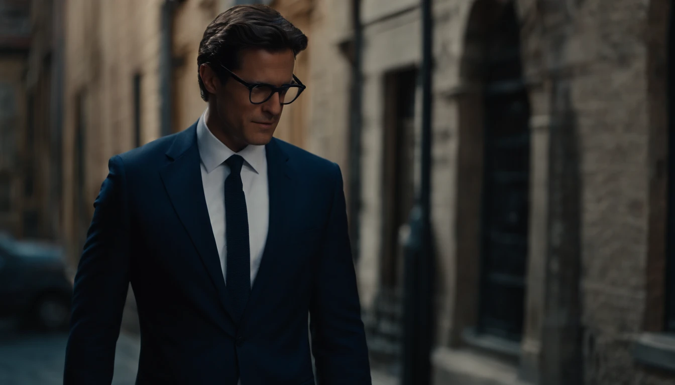 arafed man in a suit and tie standing in a narrow alleyway, wearing a suit and glasses, sophisticated well rounded face, raphael personnaz, close-up professional portrait, wearing dark blue suit, style of paolo parente, wearing a business suit, professiona...