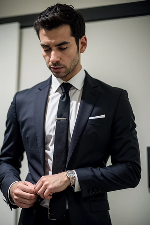 arafed man in a suit adjusting his tie in the dark, wearing a suit and a tie, wearing suit and tie, subject detail: wearing a suit, wearing a suit and tie, wearing business suit, wearing a business suit, wearing suit, wearing robes and neckties, suit and t...