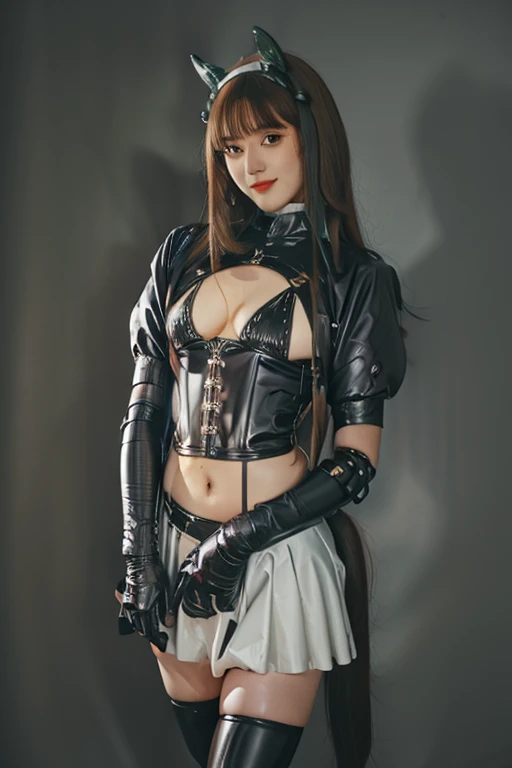 silence suzuka (umamusume), highest quality, masterpiece, realistic, 1 girl, alone, full body, Are standing, ( long straight hair:1.4), looking at the viewer, arm at side, smile, latex costume, cropped jacket, corset, see-through skirt, belly button, latex...