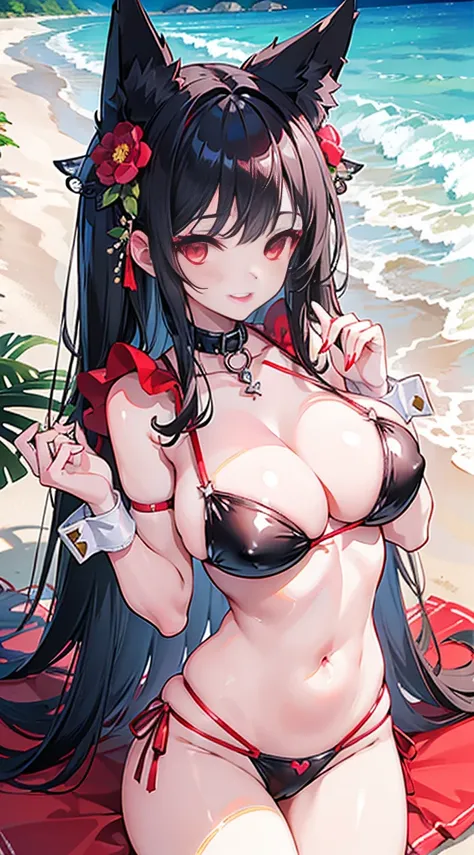 high quality, masterpiece, super detailed, 1 girl, extremely detailed faces,long black hair，Holding flowers in hands，maid outfit，Damaged red latex bikini，handcuffs，collar，bright red lips，Smiling charming pink eyes, fox ears, Ridiculously big, shiny skin,Sl...