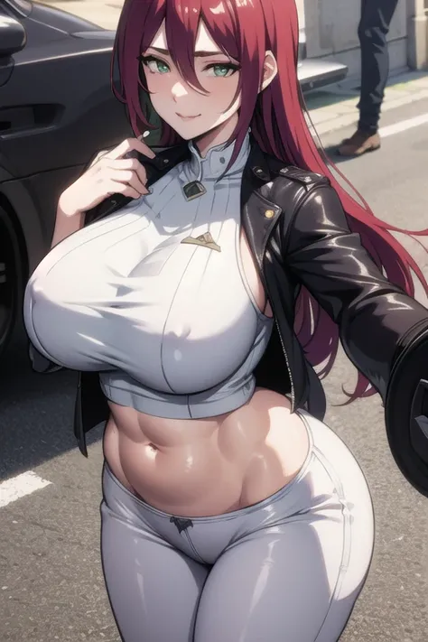 mature women,milf,large breast,beautiful face,long hair, shiny hair, green eyes,high detailed,red hair, hair between eye,masterpiece,cowboy shot,perfect anatomy,cleveage,dynamic pose,leather jacket,white t-shirt, black pants,street,exposed belly,sexy smile...