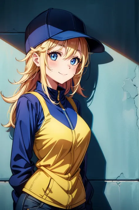 a lady with a big smile and blue hat. on a wall, 1girl, blue headwear, smile, solo, hat, blue eyes, looking at viewer, jacket, blush, upper body, baseball cap, closed mouth, blonde hair, multicolored clothes