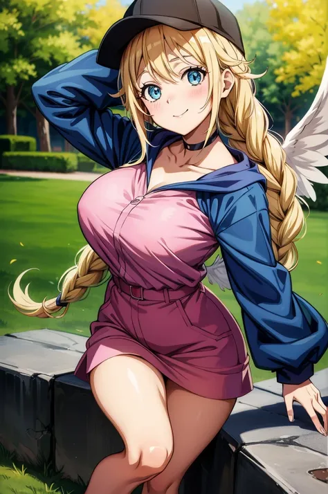 an anime like cartoon character with big breasts and long hair posing on a rock, 1girl, blonde hair, blue eyes, solo, twin braids, braid, hat, wings, smile, looking at viewer, long hair, choker, jacket, breasts, blush, baseball cap, long sleeves