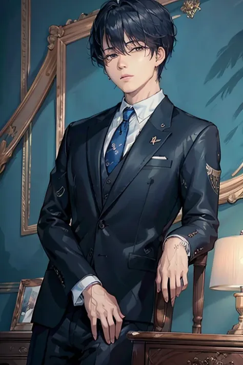 masterpiece, masterpiece_portrait, distinct, distinct_image, high_resolution, highres, high_quality_anime, high_quality, hyper_detail, finely_detailed,4K, men, btsjimin, a man in a suit, blue suit