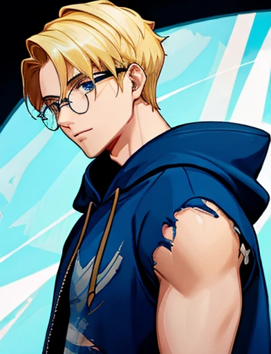 Human Male  Villain  , Blonde short hair  , Glasses  , blue Torn hoodie 