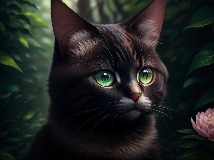 8 k, A high resolution, Best quality, High detail, masterpiece, (detailed face), (detailed hair), Soft light, pass through , (Cat，奶牛色Cat，琥珀色眼睛的Cat，长毛Cat，Floral sea decoration，forest background，Background design green main color，戴着金花头饰的Cat，Imperious，