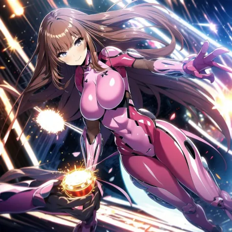 1 female, struggle_asuka, brown_hair, dull_前hair, pink_body suit, city of night, skyscraper, cyber punk,
light smile, (huge brea...