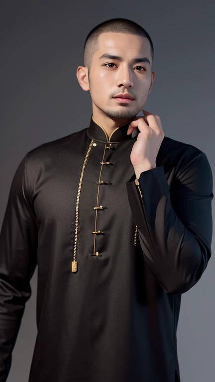 Portrait of 1 Asian Man, 3D Character, Handsome, 1 Asian Muslim Man, medium fat body, Buzz cut Black Hair, in Namaste hand, brown Muslim Clothing