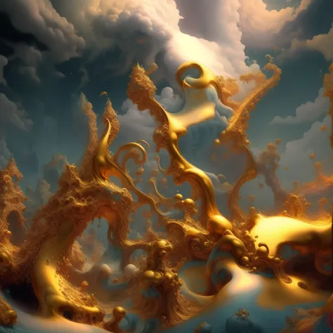 in the middle of the blue sky there is a very large golden sculpture, stunning fantasy 3d rendering, surreal scene, golden cloud...