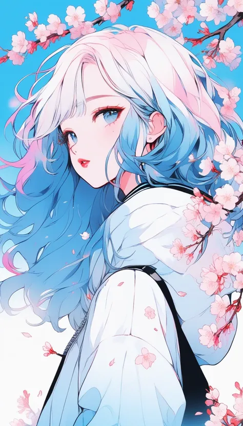 illustrator, anime , realistic ,sketch , 1 girl, ,lip, sweater,order, blue gradient background, neon hair,Textured Trim, Canadian, (masterpiece,highest quality) Good luck,cherry blossoms,pure white background