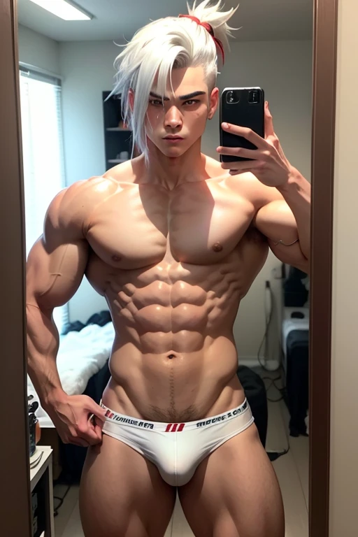 20 year old male bodybuilder anime character wearing red bodybuilder thong with a mullet hairstyle with white hair while taking a photo in a mirror in his room with a suggestive look
