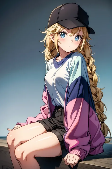 a girl in baseball hat painting, while wearing shorts and a sweater, 1girl, solo, hat, blonde hair, blue eyes, braid, baseball cap, jacket, shorts, shirt, twin braids, black shorts, long hair, black headwear, multicolored clothes, multicolored jacket, look...