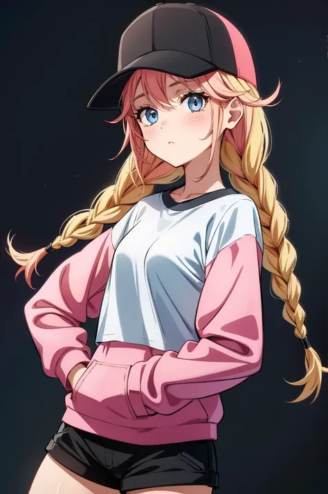 a cartoon female figure with red and pink hair and a baseball cap, 1girl, solo, hat, blonde hair, shorts, black shorts, blue eyes, braid, shirt, baseball cap, jacket, long hair, black headwear, white shirt, twin braids, looking at viewer, simple background...