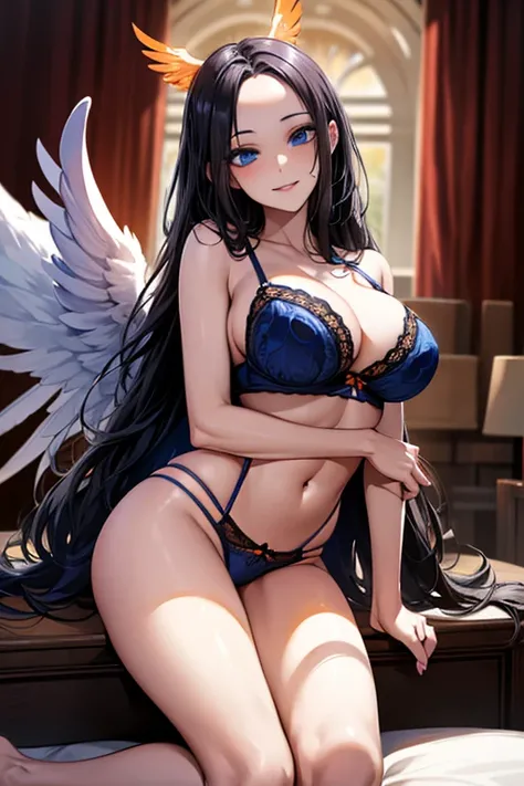 ((Black hair))), long hair, (((blue eyes))),(((forehead))) sexy, large breasts, beautiful body, masterpiece, smile, (((orange lingerie))), angel wings, white wings, hotel bedroom ,busty, buxom, curvy, voluptuous,Sexual Intercourse,