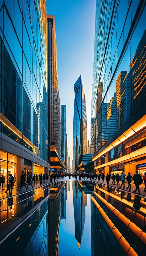 sharp focus, vibrant colors, bustling streets, busy traffic, people walking and shopping, reflection in windows, modern architecture, one huge geometric shape skyscraper reaching the sky,(huge geometric shape:1.5) busy city life, urban energy, vibrant atmo...