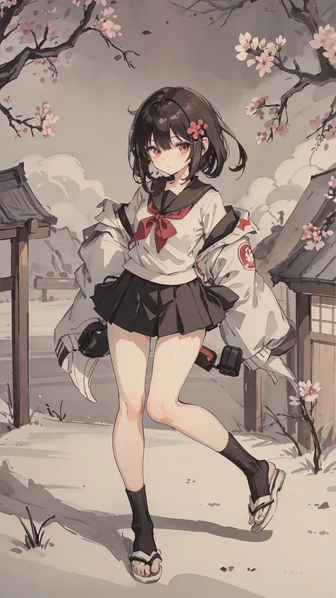 sparrow, black hair girl, wearing a sweater, black skirt, medium hair, headphone, Because I&#39;m slender, teen, serious face, Japanese high school girl. She stands at the shrine,cherry blossoms