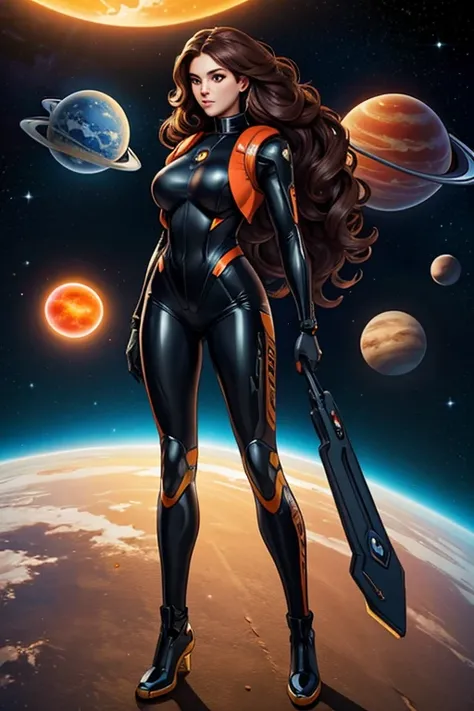 best quality, masterpiece, woman space super hero, full body,hi-tech vest over black latex suit, long curly hair,floating in deep space, with several planets and suns in the background
