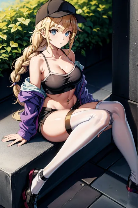 a female anime character with a big butt sitting on a ledge with legs crossed, 1girl, solo, breasts, blue eyes, blonde hair, twin braids, shorts, hat, navel, jacket, off shoulder, looking at viewer, thighhighs, sitting, braid, cleavage, bare shoulders, cro...