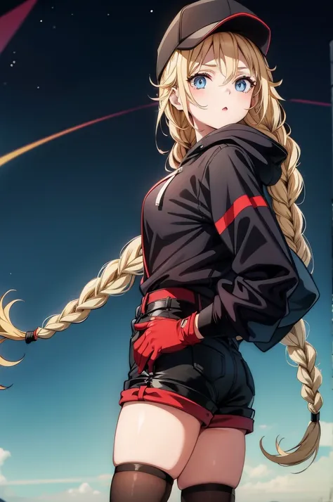 a young woman with long blonde hair and red lipstick wearing a black outfit with a cap and white gloves, 1girl, solo, long hair, braid, gloves, blonde hair, blue eyes, hat, shorts, thighhighs, black shorts, black gloves, hood, baseball cap, skindentation, ...