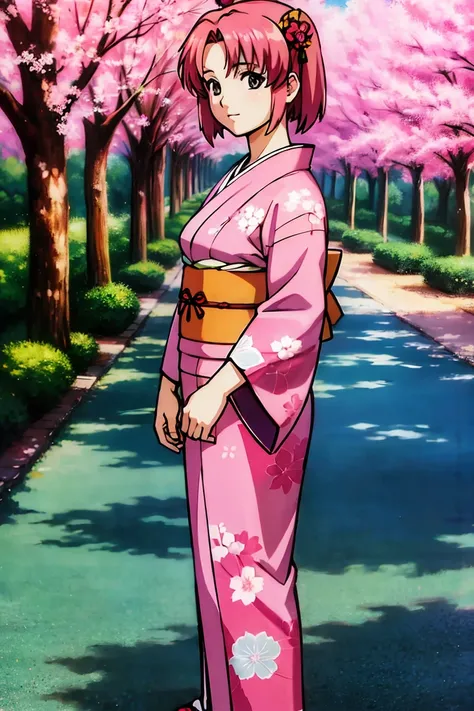 Anime style, wallpaper of Kimono girl, sakura tree in background 