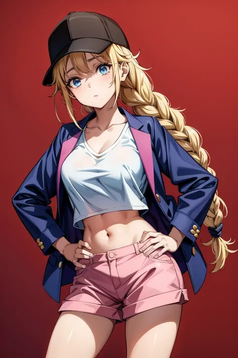 an asian woman in baseball hat on unbuttoned shorts, blazer, and pink skirt, 1girl, solo, hat, shorts, blue eyes, black shorts, blonde hair, navel, twin braids, breasts, braid, long hair, short shorts, shirt, looking at viewer, midriff, jacket, black headw...