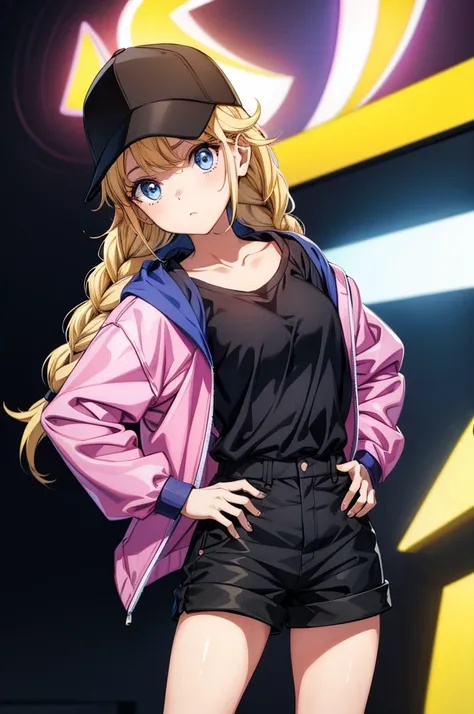 an adorable girl in black hat and jacket standing up straight holding her baseball cap on the back of her head, 1girl, solo, hat, twin braids, shorts, braid, black shorts, blue eyes, blonde hair, long hair, shirt, jacket, white shirt, hands on hips, lookin...