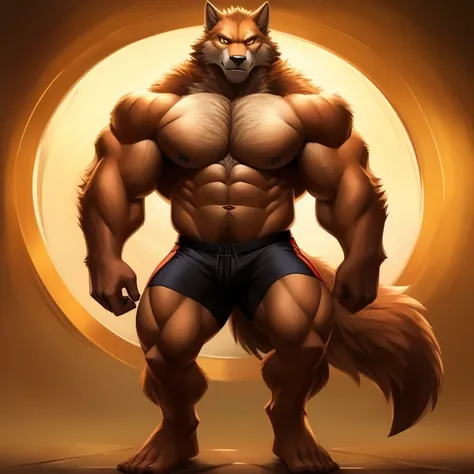 Orange fur，Golden eyes,,Wolf furry, Handsome face，Handsome eyes ，Hairy pectorals， Strong arms，Gorgeous facial features，Beautiful and delicate eyes，Complex fur，Detailed face，Perfect skin texture， Wide shoulders， large pecs， big bicep， Abs， upper legs，Delica...