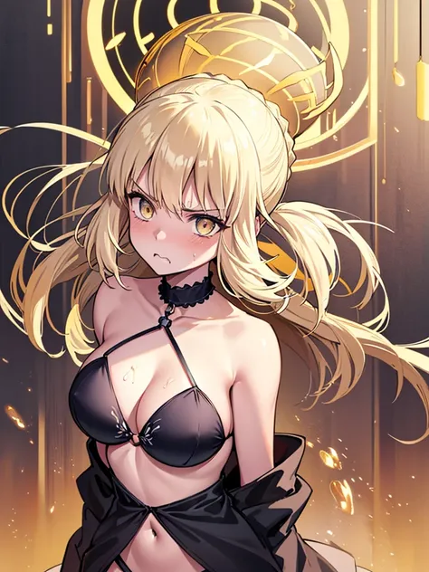 Best Quality, masterpiece,Cowboy shot:1.2,Upper body:1.2,{{{Artoria Pendragon alter:1.6}}}, huge titature body type, glossy skin, saber Altria, blonde, ((gold beautiful eyes:1.2)), signon hair, shortcuts, adult woman, glossy skin, Shes on a very beautiful ...