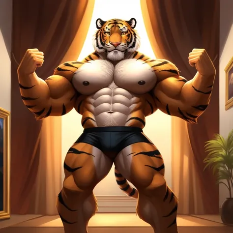 Orange fur，Golden eyes,, Tiger furry, Handsome face，Handsome eyes ，Hairy pectorals， Strong arms，Gorgeous facial features，Beautiful and delicate eyes，Complex fur，Detailed face，Perfect skin texture， Wide shoulders， large pecs， big bicep， Abs， upper legs，Deli...