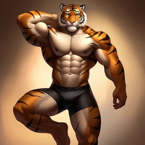 Orange fur，Golden eyes,, Tiger furry, Handsome face，Handsome eyes ，Hairy pectorals， Strong arms，Gorgeous facial features，Beautiful and delicate eyes，Complex fur，Detailed face，Perfect skin texture， Wide shoulders， large pecs， big bicep， Abs， upper legs，Deli...