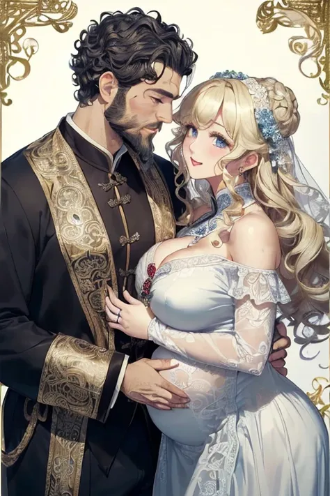 ((highest quality)), ((masterpiece)), (be familiar with),
 ((perfect face、white woman、Enchanted body、blonde、blue eyes、luxurious ornaments、pregnancy、Bun head、Curly coat))
((husband、male、black hair、China人、Ugly、fat、elder、eldermale、China人male性、beard、dirty old ...