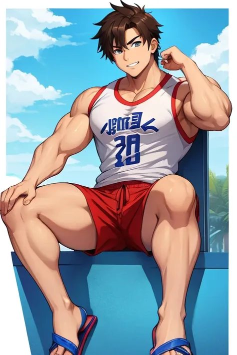 20 year old male bodybuilder anime character wearing flip flops, short, camiseta sin mangas deportiva con mirada sugestiva