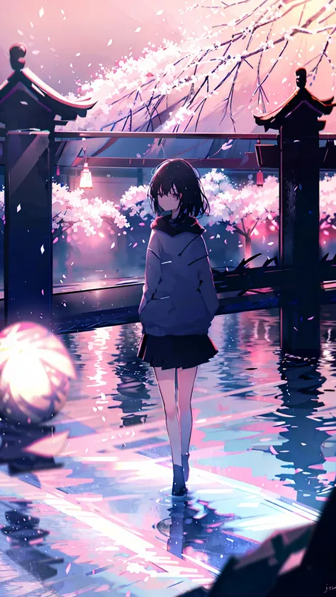 sparrow, black hair girl, wearing a sweater, black skirt, medium hair, headphone, Because I&#39;m slender, teen, serious face, Japanese high school girl. She stands at the shrine,cherry blossoms,cherry blossoms並木,long hair,Bright white skin,long hair