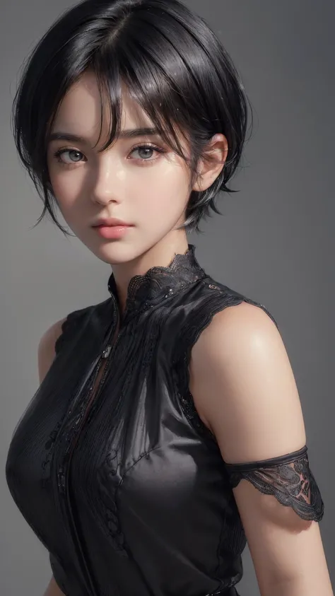 (masterpiece: 1.3), (8K, realistic, RAW photo, better quality: 1.4), (1 girl), beautiful face, (realistic face), (black hair, short hair: 1.3), gorgeous hairstyle, hair parted in the middle, realistic eyes, beautiful detail eyes, (realistic skin), beautifu...