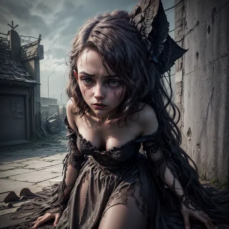 (torso of a young woman), (best quality,4k,8k,highres,masterpiece:1.2),ultra-detailed,(realistic,photorealistic,photo-realistic:1.37),dark fantasy,street scene,unfamiliar environment,detailed buildings,ominous atmosphere,mysterious creatures,horrifying pre...