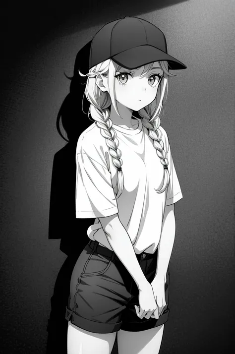 an image a woman in shorts next to a drawing of her wearing a hat, 1girl, hat, shorts, monochrome, twin braids, braid, shirt tucked in, baseball cap, shirt, looking at viewer, greyscale, long hair, solo, short sleeves, shadow