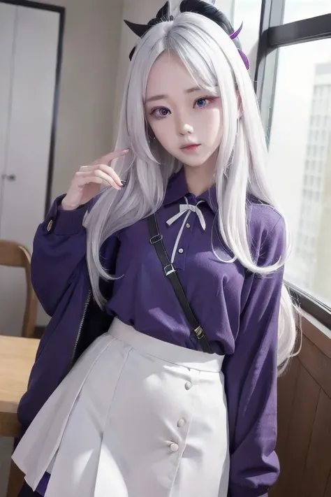 1Girl, hina sorasaki, white hair, purple eyes, forehead,l, narrow waist, pov, student uniform, cute Asian, pale skin