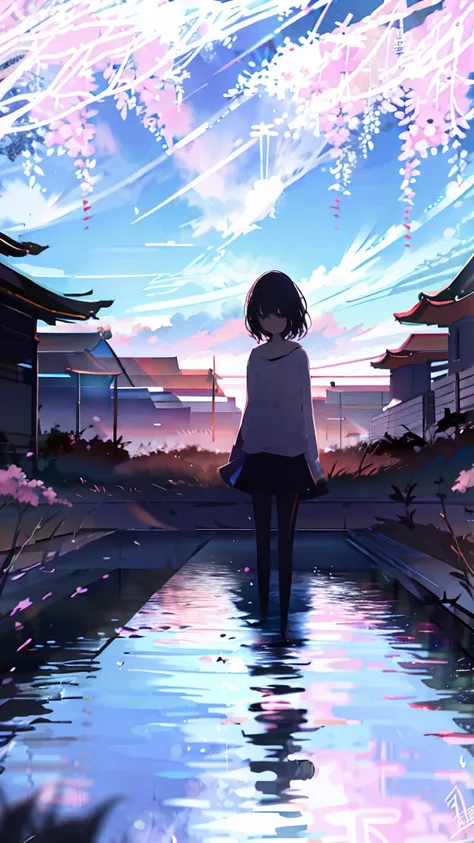 sparrow, black hair girl, wearing a sweater, black skirt, medium hair, headphone, Because I&#39;m slender, teen, serious face, Japanese high school girl. She is sitting at the shrine,cherry blossoms,cherry blossoms並木,long hair,Bright white skin,long hair