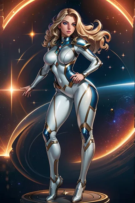 best quality, masterpiece, woman space super hero, beautiful face,full body,hi-tech armour over silver latex suit, long curly bl...