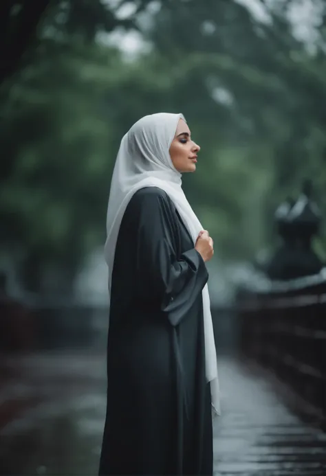 A beautiful girl wearing white hijab in rainy day, full body, with abaya, full detail, realistic
