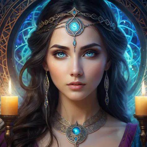 mystical runes, symbol woman, detailed facial features, flowing hair, ancient magic, glowing tattoos, ethereal background, mysterious aura, enchanting eyes, intricate patterns, magical powers, mythical elements, dark atmosphere, haunting beauty, mystical e...