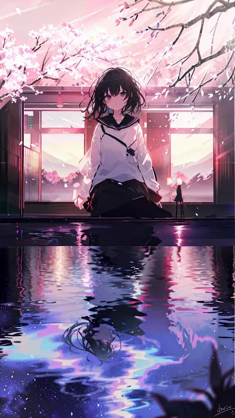 sparrow, black hair girl, wearing a sweater, black skirt, medium hair, headphone, because I&#39;thin, teen, serious face, Japanese high school girl. She is sitting at the shrine,cherry blossoms,cherry blossoms並木,long hair,radiant white skin,long hair