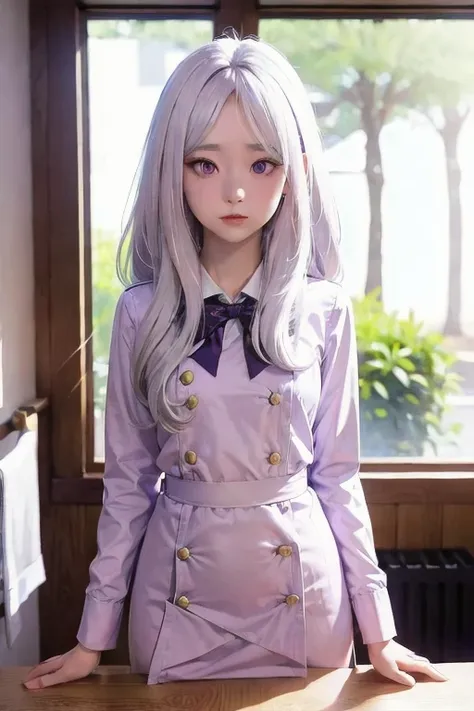 1Girl, hina sorasaki, white hair, purple eyes, forehead,l, narrow waist, pov, student uniform, cute Asian, pale skin, pink clothes