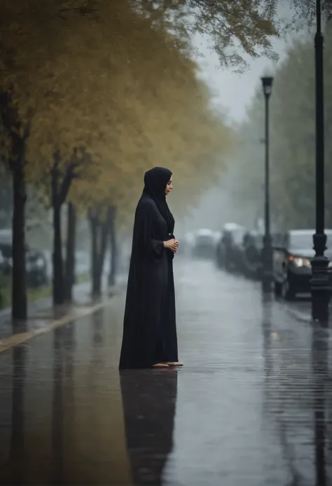 A beautiful girl wearing black hijab in rainy day, full body, with abaya, full detail, realistic
