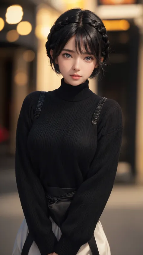 (Masterpiece: 1.3), (8K, Photorealistic, RAW photo, Better quality: 1.4), (1 girl), Beautiful face, (Realistic face), (Black hair, Short hair: 1.3), Gorgeous hairstyle, hair parted in the middle, realistic eyes, beautiful detailed eyes, (realistic skin), b...