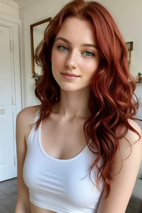 Une femme, 25 ans, poitrine moyenne, wavy red hair, yeux verts, debout dans son salon, slightly transparent white tank top 