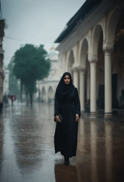 A beautiful girl wearing black hijab in rainy day, full body, with abaya, full detail, realistic
