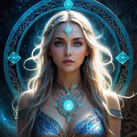 mystical runes, symbol woman, detailed facial features, flowing hair, ancient magic, glowing tattoos, ethereal background, mysterious aura, enchanting eyes, intricate patterns, magical powers, mythical elements, dark atmosphere, haunting beauty, mystical e...