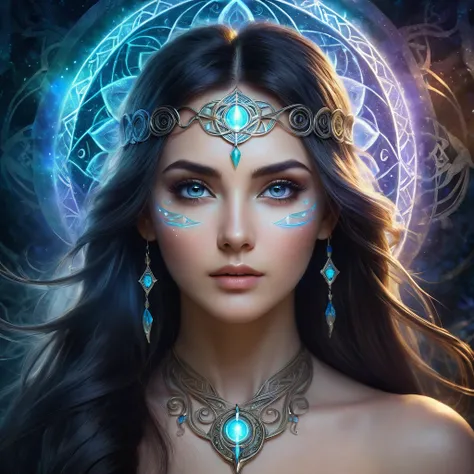 mystical runes, symbol woman, detailed facial features, flowing hair, ancient magic, glowing tattoos, ethereal background, mysterious aura, enchanting eyes, intricate patterns, magical powers, mythical elements, dark atmosphere, haunting beauty, mystical e...